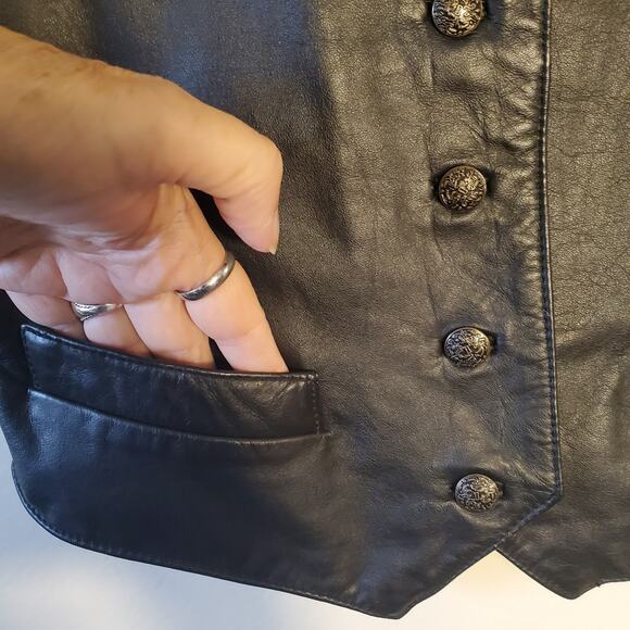 Wilsons Women's Small Black Leather Vest Biker Moto Western Button Up Satin Back - Picture 5 of 7
